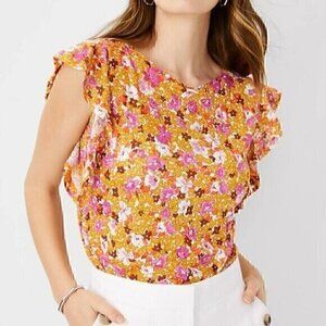 ANN TAYLOR Floral Linen Flutter Sleeve Tee White Mustard Pink Short Sleeve Top S